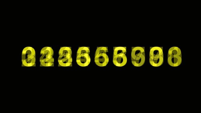 isolated glowing yellow digital numbers scrolling rapidly on black background, dynamic countdown animation, technology data streaming, financial ticker