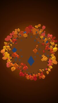 Vertical autumn lowpoly planet with fall trees turns slowly in a 3D animation ideal for mobile displays, holiday greetings, and eco tech presentations