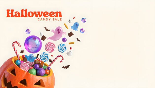 Halloween Candy Sale Banner 3D Pumpkin Bucket Overflowing with Sweets and Flying Ghosts