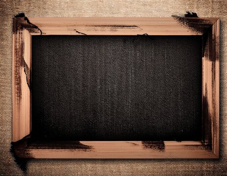 grunge beige canvas cotton denim fabric torn empty black frame texture abstract background