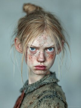 Portrait of a young person with freckles and a serious gaze