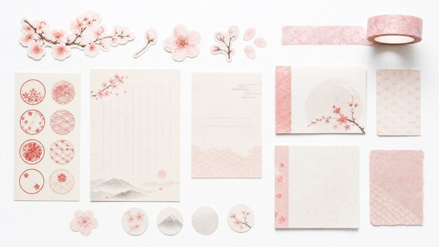 Japanese Stationery Set with Sakura Cherry Blossom Motifs for Scrapbooking and Journaling