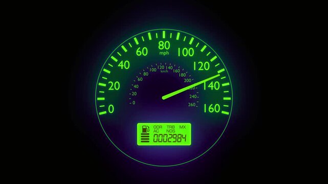 Neon green digital speedometer gauge accelerating on dark background, car performance, dashboard monitor, speed tracking