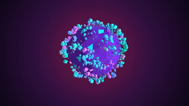 Lowpoly planet featuring vibrant turquoise and pink stylized trees rotates seamlessly in a smooth 3D animation against a deep dark purple gradient background