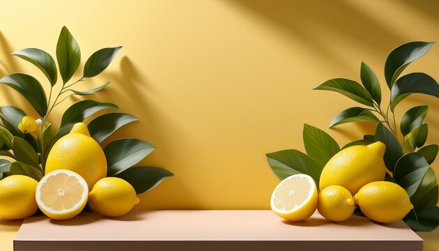 bright and refreshing lemon display with botanical accents for product promotion