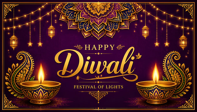 Happy diwali festival of lights greeting card with traditional oil lamps and mandala art