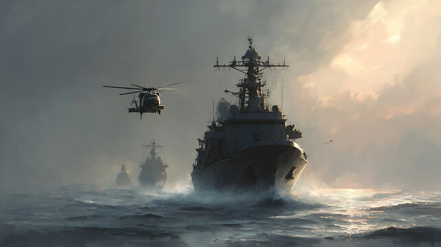 Naval fleet sailing on rough sea with helicopter escort in dramatic lighting