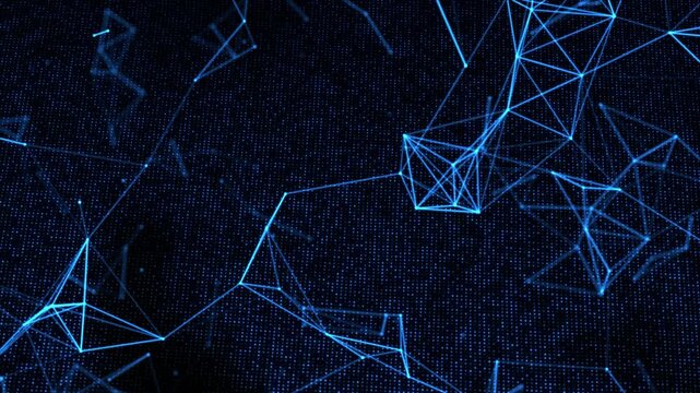 Futuristic blue digital network with glowing geometric connections and particle grid, creating an abstract technology background for data, cyberspace, and innovation.