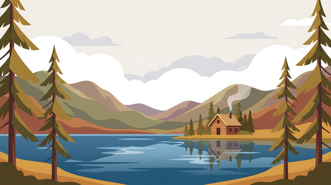 Scenic Mountain Lake Landscape with a Cozy Cabin in a Peaceful Forest Setting