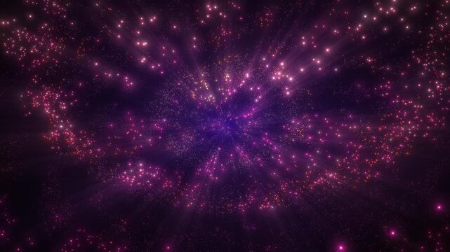 Abstract pink and purple particles scattering from a dark center, creating a futuristic cosmic background with sparkling energy, a sense of depth, and dynamic motion