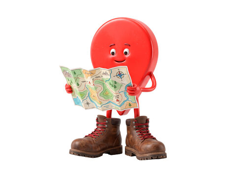 Red location pin character with a smiling face wearing hiking boots and holding a topographic map PNG Isolated on transparent background