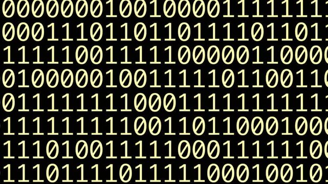 Scrolling binary code pattern with yellow digital numbers on dark background, data flow, software programming, system analysis, network security