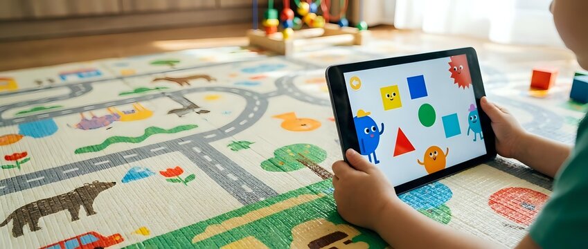 Young child using tablet for educational gaming on colorful playmat