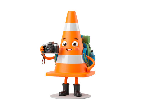 Anthropomorphic traffic cone character with backpack and camera ready for adventure and photography PNG Isolated on transparent background