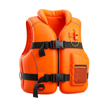 Bright orange personal flotation device with black straps and buckles and a small whistle attached for water safety PNG Isolated on transparent background