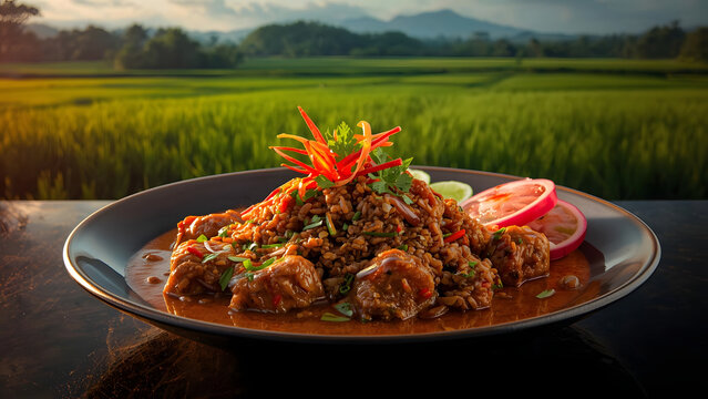 Spicy Thai Larb Moo Pork Dish with Fresh Herbs and Chili Garnish, Served Outdoors with Lush Green Rice Fields Background