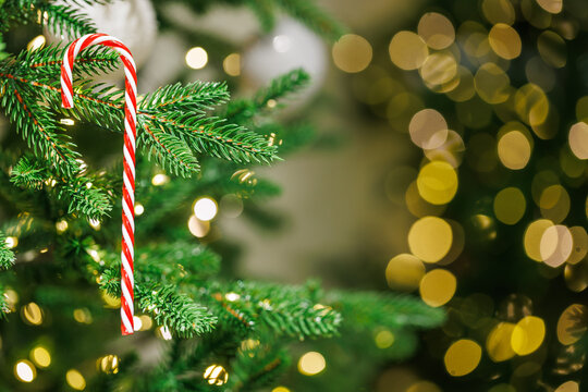 Christmas tree decorations with candy cane and festive lights