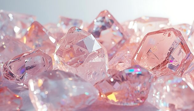 Soft focus macro of sparkling rose quartz crystals and iridescent light reflections, delicate feminine background for beauty and jewelry themes.