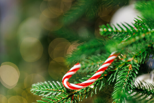 Christmas tree decorations with candy cane and festive lights