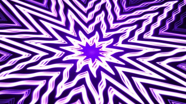 Abstract purple and white glowing geometric waves forming a symmetrical starburst pattern, creating a bold futuristic digital background with vibrant energy.