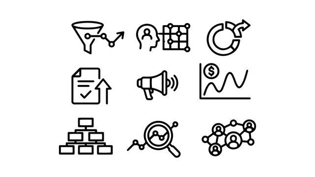 Business Strategy and Digital Marketing Icon Set - Analytics, Sales Funnel, Network, and Growth Vector Bundle
