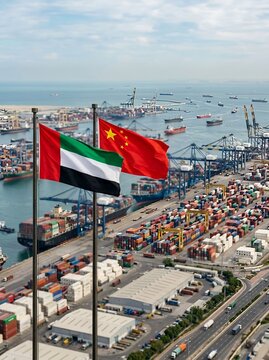 Bilateral Trade Partnership of UAE and China. International commerce, logistics cooperation, global supply chains, investment, shipping connectivity, and expanding economic relations