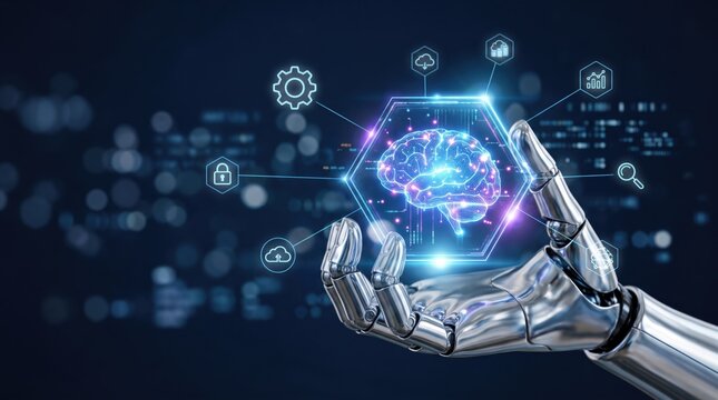 Robotic hand holding glowing brain hologram with icons for security and analytics, symbolizing artificial intelligence research, cognitive computing and future medical or business
