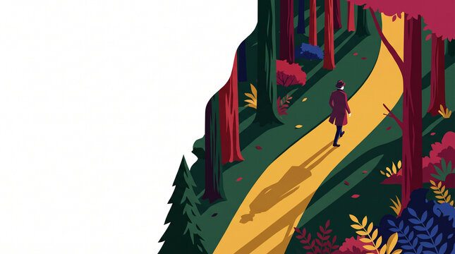 Person walking along a winding path in a colorful forest  