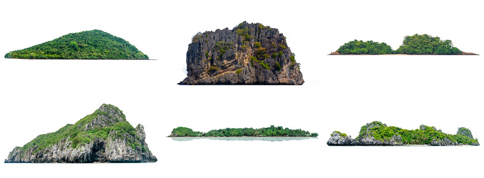 Collection of pristine tropical islands and rocky outcrops with lush green foliage.