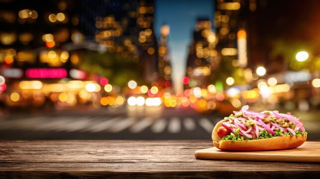 Gourmet hot dog with fresh toppings rests on a wooden board with New York City lights blurred in the background at night.