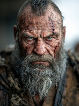 Fierce Viking warrior portrait with scars and grey beard