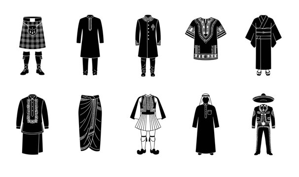 Traditional World Clothing Silhouette Icon Set with Black and White Vector Designs of Kilt Kurta Sherwani Dashiki Kimono and Mariachi Costumes for Cultural Diversity Branding