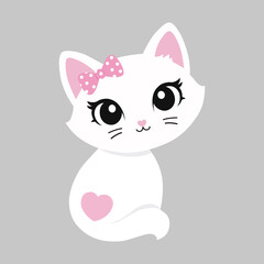 Cute white cat illustration with pink bow, heart-shaped nose and heart detail, isolated on a soft gray background. Adorable kawaii kitten design for cards, stickers, gifts, posters and nursery dec