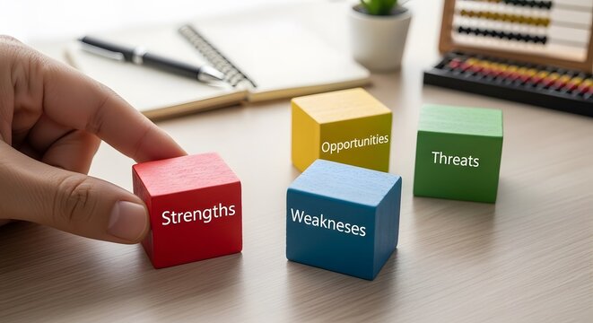 Hand holds a red block with 'Strengths' for SWOT analysis, representing strategic business planning and self-assessment.