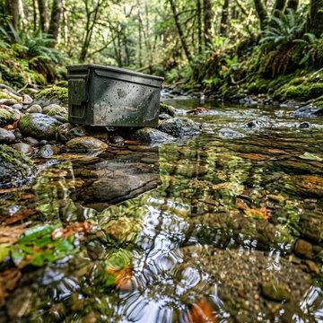 Military ammo can on wet rocks by a clear forest stream representing outdoor survival and geocaching adventure