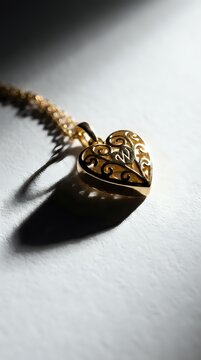 Gold filigree heart pendant necklace with ornate scrollwork design