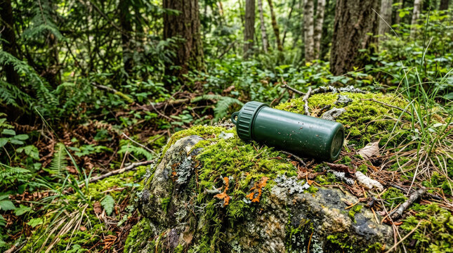 Green waterproof geocache canister lying on a mossy rock in a dense forest, outdoor treasure hunting adventure