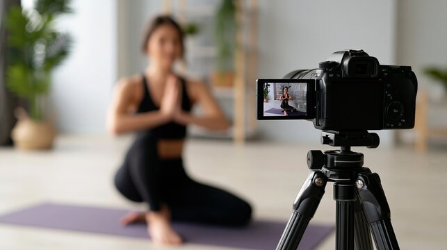 Focused woman practicing yoga while recording video for online class
