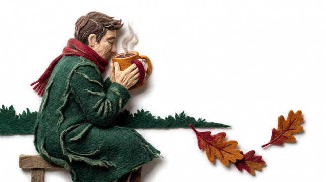 Man collecting colorful autumn leaves in a serene forest setting  