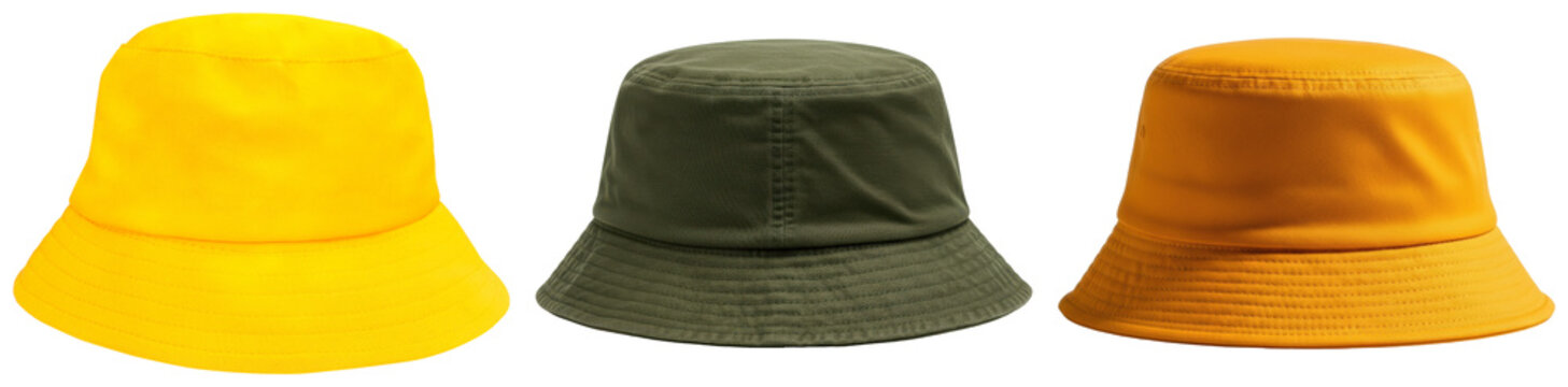 A stylish trio of modern bucket hats in vibrant yellow, classic olive green, and warm orange hues.