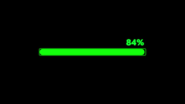 A bright neon green progress bar isolated on a solid black background, featuring a horizontal loading indicator with the numerical percentage value of 84 percent displayed in a digital font style