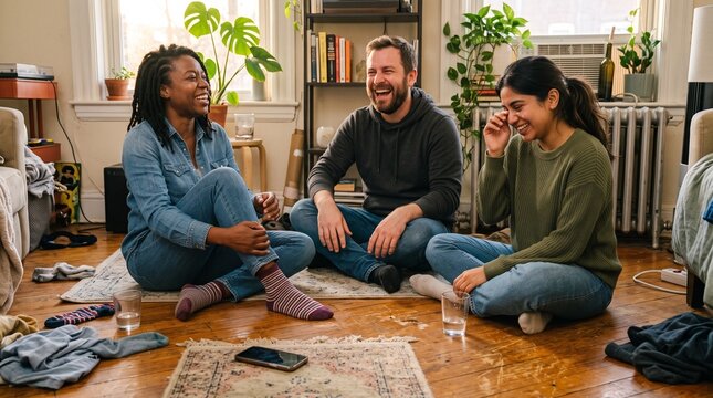 A diverse group of three friends laughing and enjoying each other's company while sitting on the floor in a cozy apartment