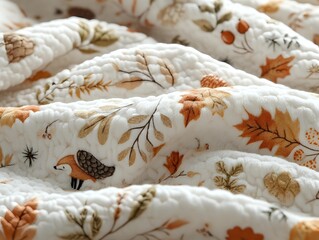 Obraz premium Autumn leaves and birds pattern on cream quilted fabric