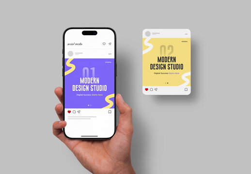 Hand Holding Mobile Phone with Social Media Post Mockup