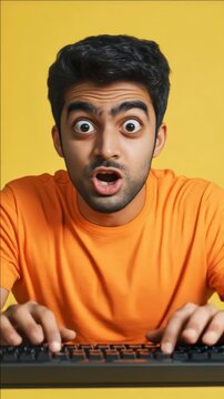 Man in orange shirt with eyes wide open and mouth open as if shocked or surprised while sitting at a desk using a black keyboard