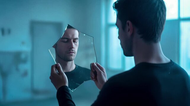 Man looking at reflection in broken mirror shard. Personal identity and self-reflection in dimly lit room. Lockdown shot.