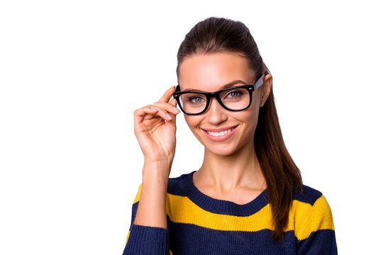 Portrait charming magnificent lady youth millennial college high school person touch specs toothy feel content candid relaxed enjoy free time university time colorful outfit isolated silver background