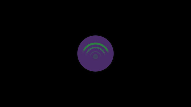 A centered purple circular featuring a stylized green wireless internet signal symbol with three concentric curved lines, isolated against a solid black background, for digital communication