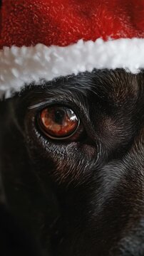 Close-up shot of a dog's face wearing a classic red and white Santa Claus hat. The dog looks directly at the camera with soft brown eyes, capturing the essence of holiday spirit.