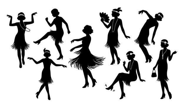 Vintage Flapper Dancer Poses 1920s Cinema Women Black Silhouette Vector Set